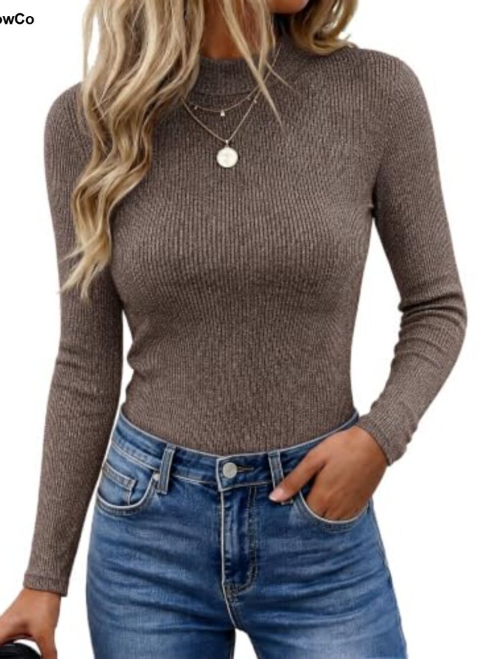 Mock Neck Ribbed Knit Long Sleeve Slim Fit Top